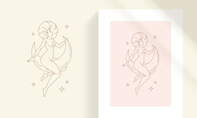 Beauty female sitting on moon and stars line art style vector illustration.