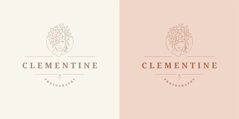 Beauty female portrait with floral decor logo emblem design template vector illustration in minimal line art style