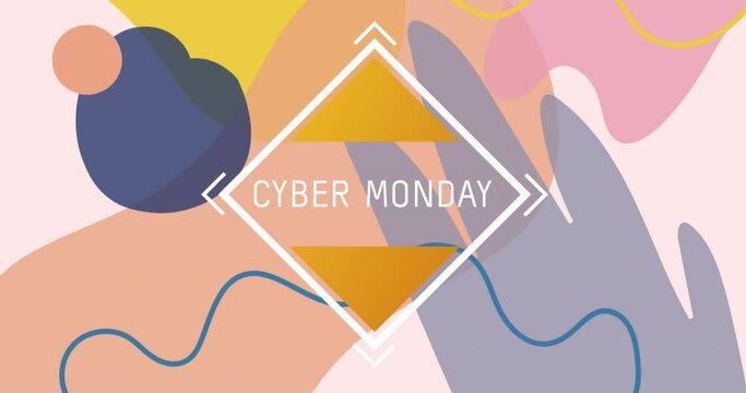Animation of cyber monday text in white frame over pastel abstract shapes on pink background