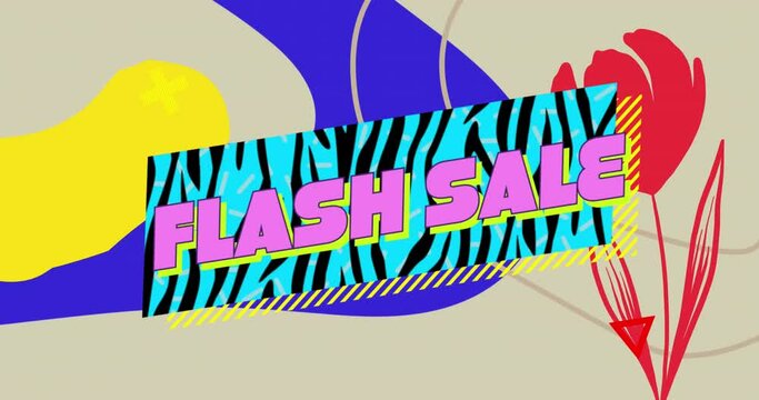 Animation of retro flash sale text over zebra print blue banner and red flower in background
