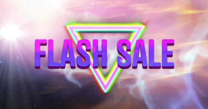 Animation of retro flash sale text with glowing neon triangles and pink light trails in background