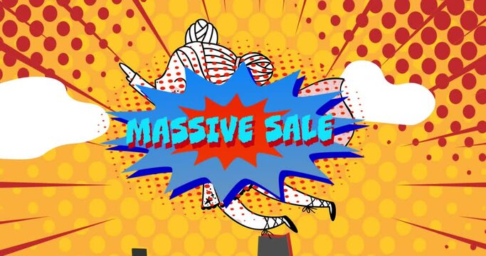 Animation of retro massive sale text on blue speech bubble and superhero over red dots on yellow