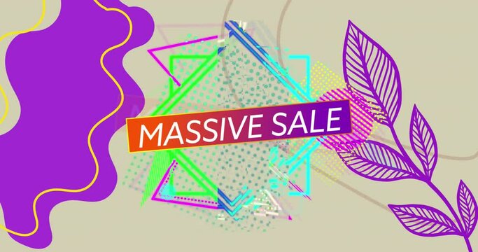 Animation of retro massive sale text on gradient red to purple banner and abstract shapes