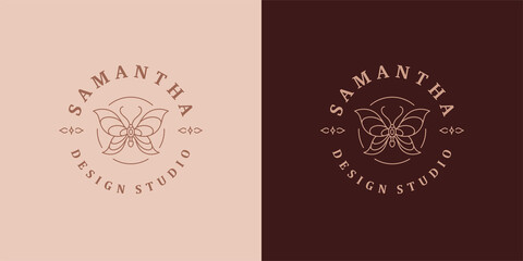 Butterfly with beautiful wings logo template linear vector illustration