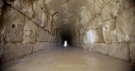 A corridor at Baalbek's Roman ruins, Lebanon. Baalbek Roman ruins, an UNESCO world heritage, contains some of the best preserved Roman ruins in Lebanon