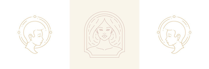 Magic female heads and woman with beauty hairstyle in boho linear style vector illustrations set.