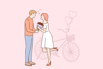Love and romantic dating concept. Young loving man cartoon character giving red flowers bouquet to his girlfriend during date vector illustration 