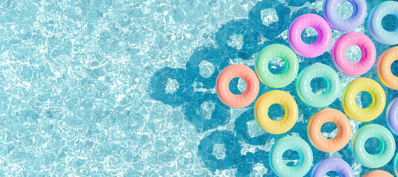 swimming pool seen from above with many rings floating