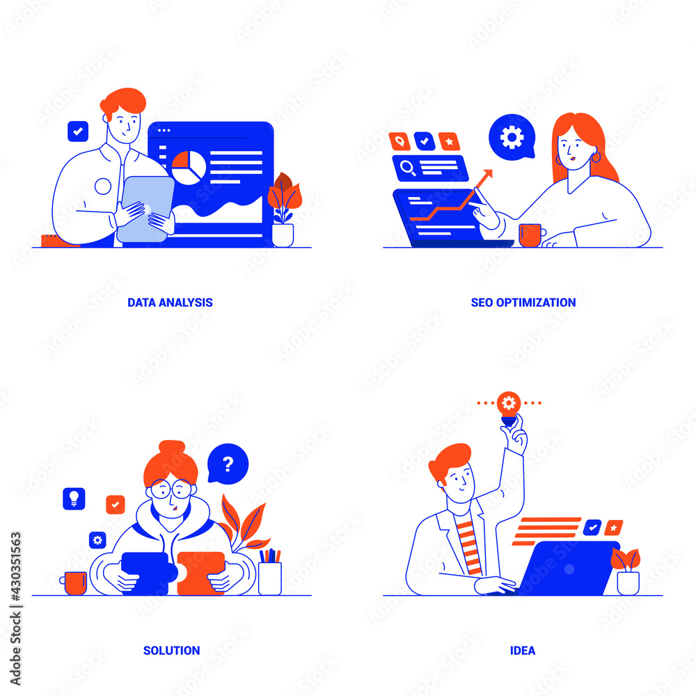 Poster modern flat color designed concepts of data analysis, seo optimization, solution and idea. can be us