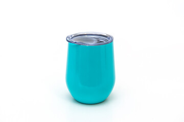 Turquoise thermocup with a lid on a white background