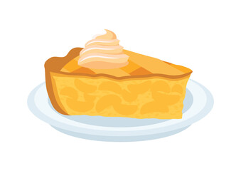 Piece of apple fruit cake with whipped cream vector. Sweet traditional Apple Pie on a plate icon vector. Piece of apple pie clip art isolated on a white background
