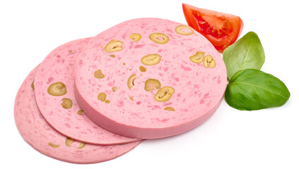 Spanish sausage slices with olives, traditional smoked sausage, close-up, isolated on white background. High resolution image.