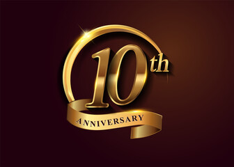 10th golden anniversary logo with gold ring and golden ribbon, vector design for birthday celebration, invitation card.