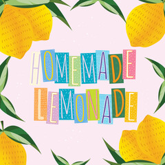 Vector illustration inscription "Homemade lemonade" with lemons and leaves. 