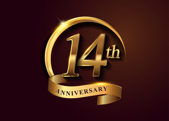 14th golden anniversary logo with gold ring and golden ribbon, vector design for birthday celebration, invitation card.