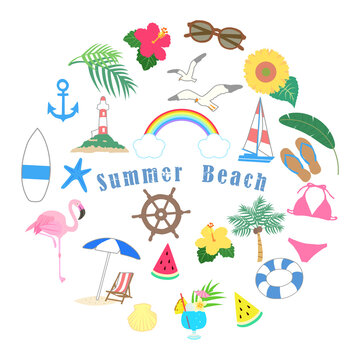 夏のビーチ　丸いアイコン　イラストセット
