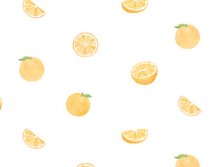 オレンジの水彩イラストのパターン　背景　かわいい　果物　フルーツ　柑橘類　フレッシュ