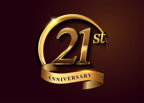 21st golden anniversary logo with gold ring and golden ribbon, vector design for birthday celebration, invitation card. - Powered by Adobe