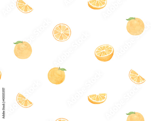 オレンジの水彩イラストのパターン 背景 かわいい 果物 フルーツ 柑橘類 フレッシュ Background Wall Mural Backgrou Yugoro