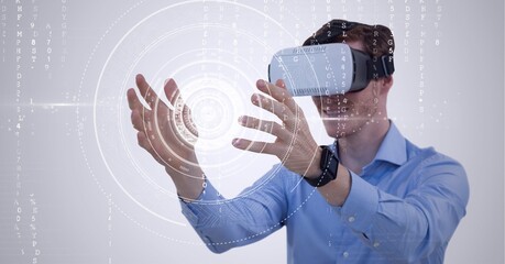 Composition of data processing and scope scanning over man wearing vr headset touching screen