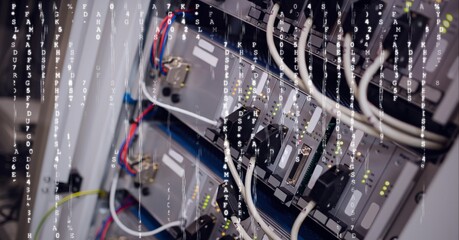 Composition of letters changing and data processing over close up of computer server