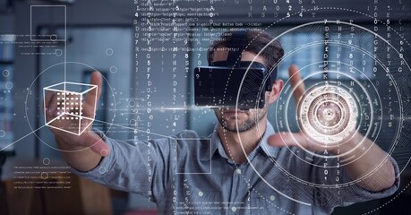 Composition of data processing and scope scanning over man wearing vr headset touching screen