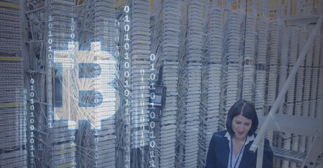 Composition of bitcoin symbol and binary coding over woman and computer servers