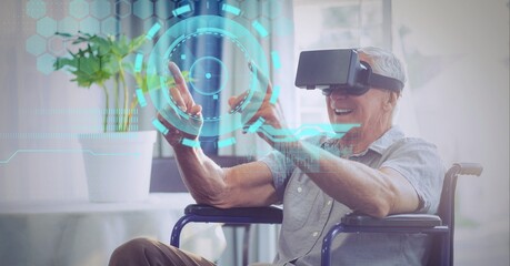 Composition of data processing over senior man in wheelchair wearing vr headset touching screen