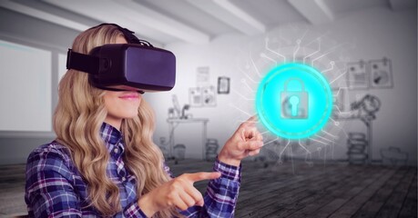 Composition of online security padlock icon over woman wearing vr headset touching screen