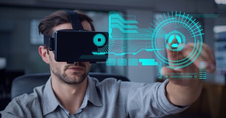 Composition of data processing and scope scanning over man wearing vr headset touching screen