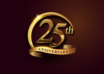 25th golden anniversary logo with gold ring and golden ribbon, vector design for birthday celebration, invitation card.