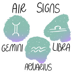 Hand drawn zodiac air horoscope signs, Libra, Gemini, Aquarius on light blue starry icons with isolated texts