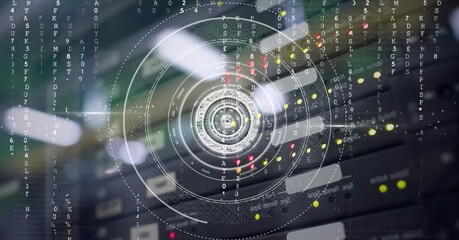 Composition of data processing and scope scanning over close up of computer server