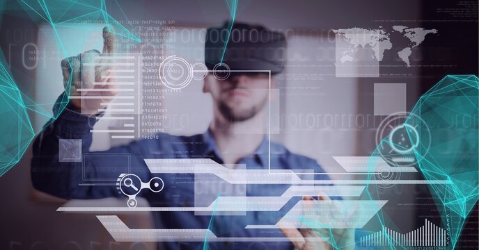 Composition of data processing and scopes scanning over man wearing vr headset touching screen