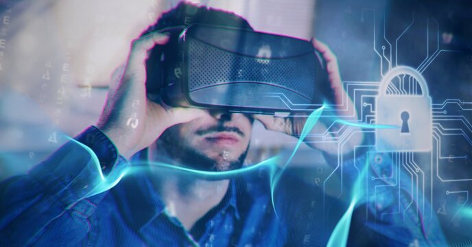 Composition of online security padlock with circuit board elements over man wearing vr headset