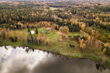 Aerial view of Ivande village in sunny autumn day, Latvia.