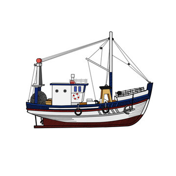 Sea or ocean transport, sea ship for the industrial production of seafood. Vector illustration.