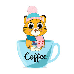 Cute cartoon tiger symbol 2022 year in coffee mug vector illustration. Perfect for cards, party invitations, posters, stickers, kids clothing.