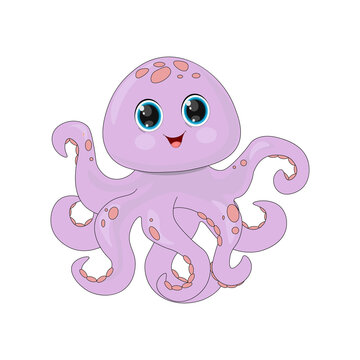 Cute cartoon pink octopus vector illustration. Perfect for cards, party invitations, posters, stickers, kids clothing.