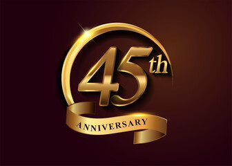 45th golden anniversary logo with gold ring and golden ribbon, vector design for birthday celebration, invitation card.