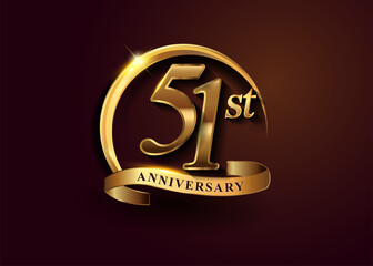 51st golden anniversary logo with gold ring and golden ribbon, vector design for birthday celebration, invitation card.