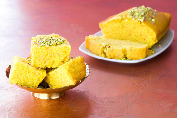 Sfouf Lebanese semolina turmeric pie. Arabic cuisine. Vegan dessert.  Selective focus.