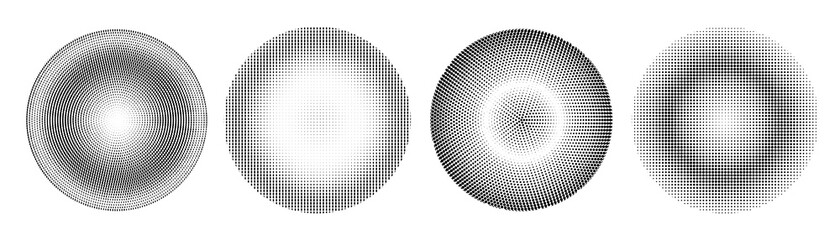 Set of halftone circle. Vector vintage gradient dots background. Abstract texture with black particles.