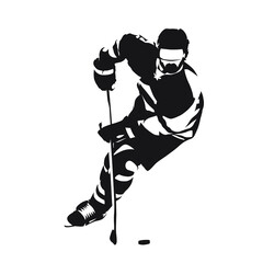 Ice hockey player skating with puck, front view. Abstract isolated vector illustration, winter team sport logo