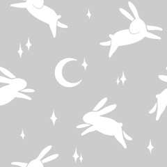 seamless childish pattern with cute white bunnies, rabbits, moon, stars.