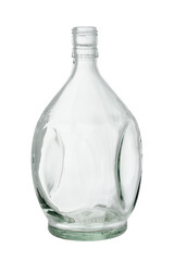 Beautifully shaped empty glass bottle for whiskey and brandy. Isolated on a white background, close-up