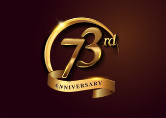 73rd golden anniversary logo with gold ring and golden ribbon, vector design for birthday celebration, invitation card.
