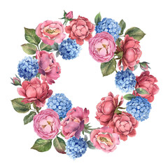 Wreath pink rose and blue hydrangea with leaves on white background. Watercolor shabby style flowers.