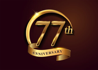 77th golden anniversary logo with gold ring and golden ribbon, vector design for birthday celebration, invitation card.