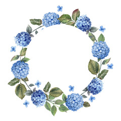 Wreath and blue hydrangea with leaves on white background. Watercolor shabby style flowers.